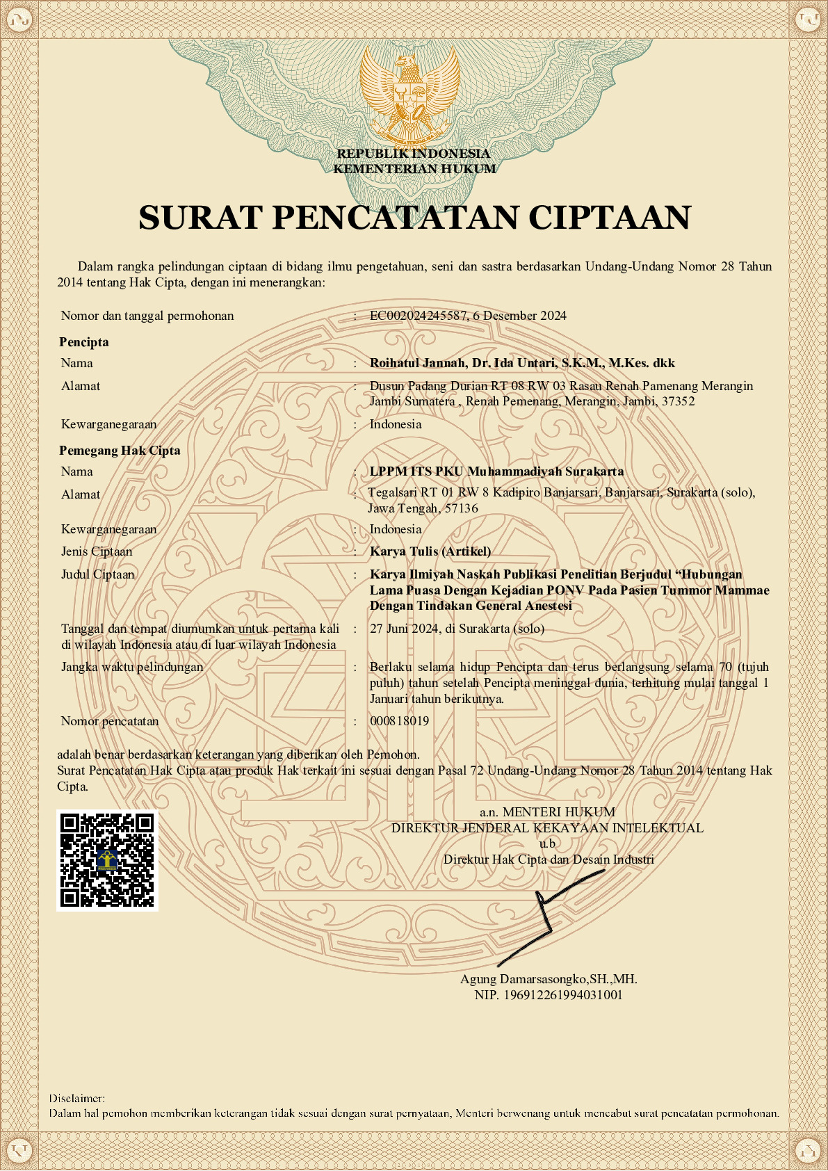 Hubungan Lama Puasa Dengan Kejadian Ponv Pada Pasien Tummor Mammae Dengan Tindakan General Anestesi